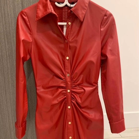 Zara Faux Leather Shirt Dress - Red XS - Picture 1 of 5